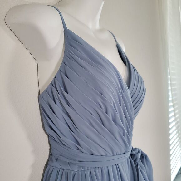 Azazie Gracie Women's Dress Dusty Blue Bridesmaid Wedding Guest Pleated Chiffon - Picture 6 of 15